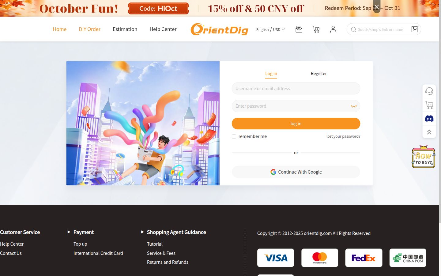OrientDig DIY Order abrió el login: Log in, Register, Continue With Google